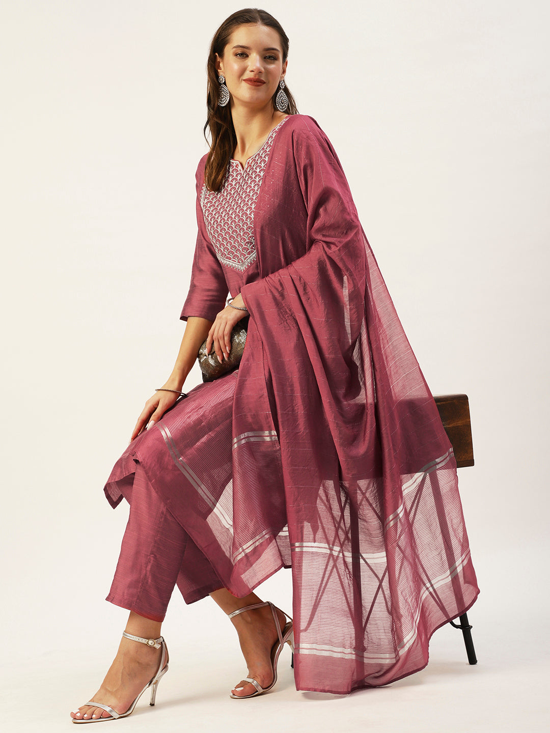 Ishin Women's Mauve Yoke Design Straight Kurta with Trouser & Dupatta
