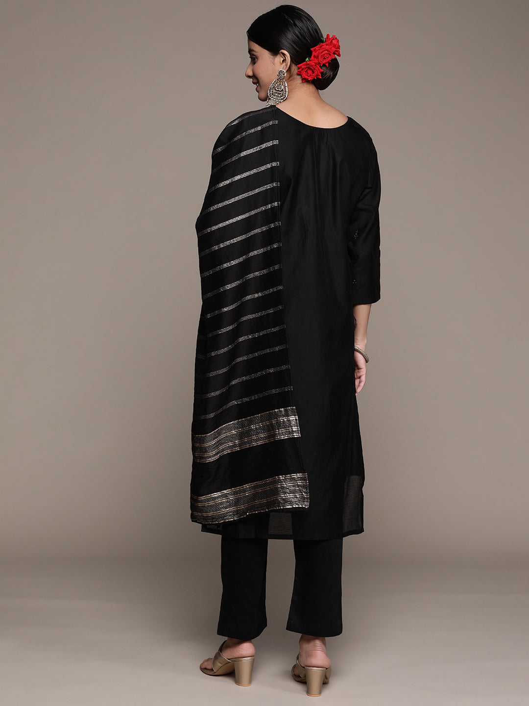 Ishin Women's Black Sequinned Embellished A-Line Kurta Trouser Dupatta Set