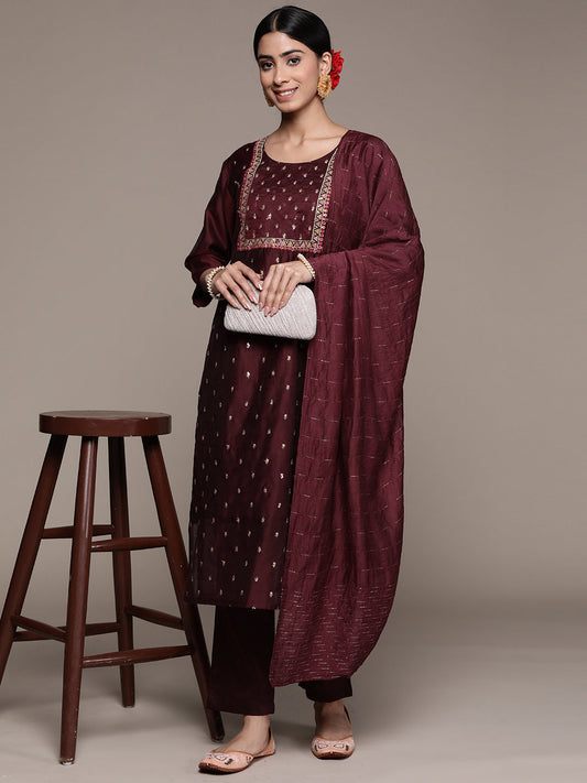 Ishin Women's Maroon Sequinned Embellished A-Line Kurta Trouser Dupatta Set