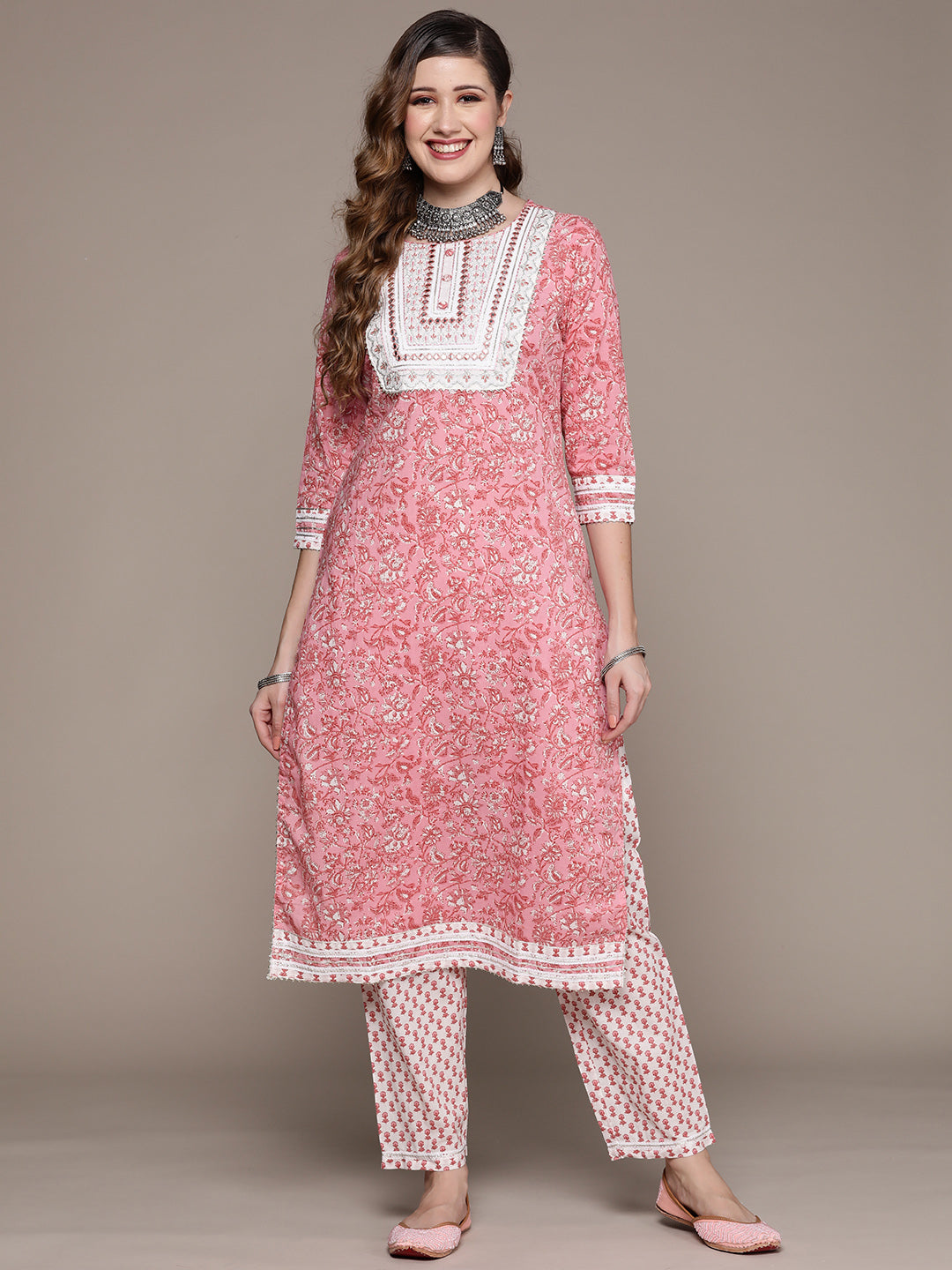 Ishin Women's Pink Zari Embroidered A-Line Kurta with Trouser