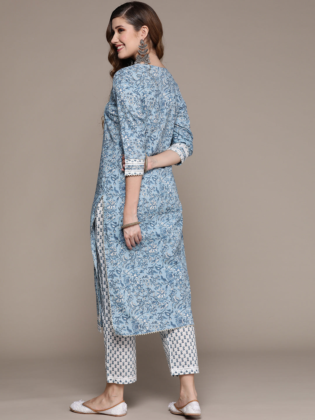 Ishin Women's Blue Zari Embroidered A-Line Kurta with Trouser  