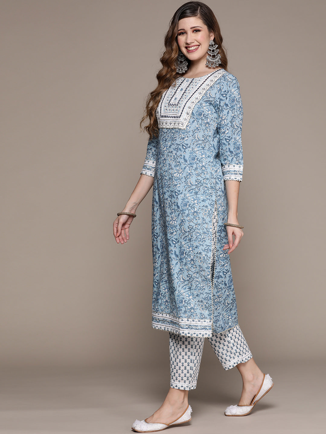 Ishin Women's Blue Zari Embroidered A-Line Kurta with Trouser  