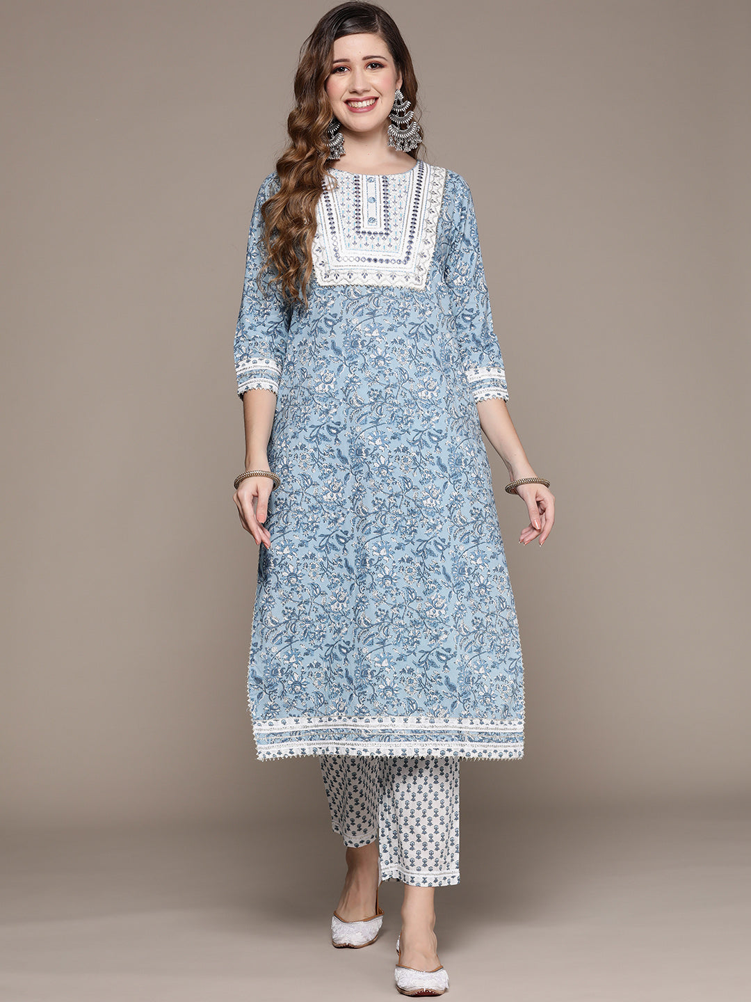 Ishin Women's Blue Zari Embroidered A-Line Kurta with Trouser