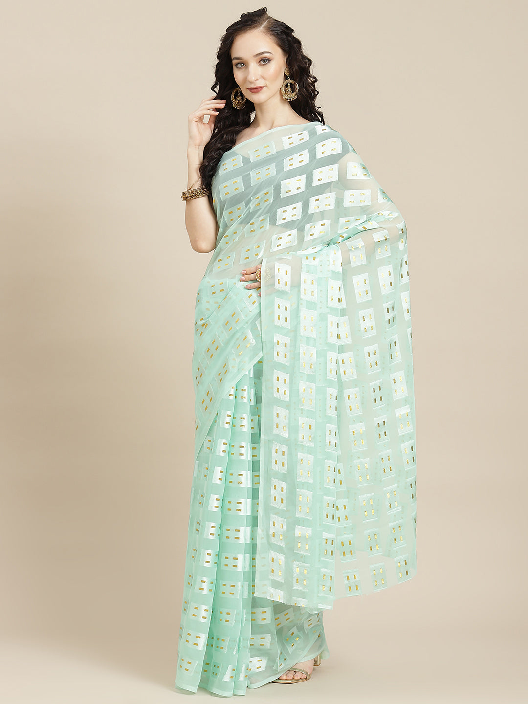 Ishin Women's Georgette Sea Green Embellished Saree With Blouse Piece