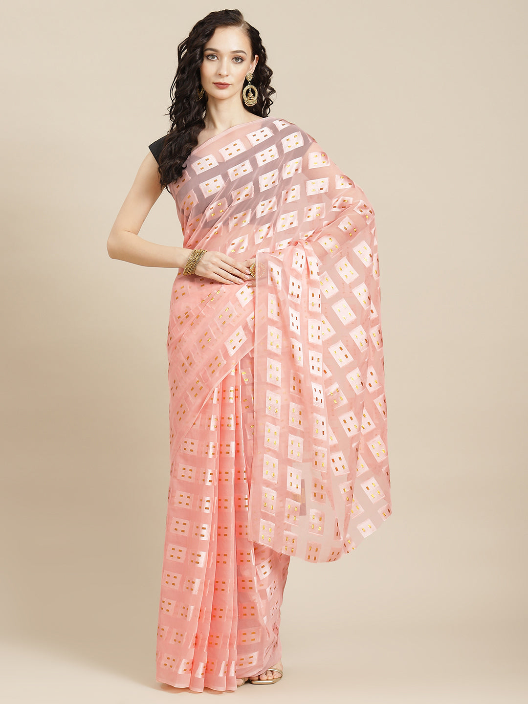 Ishin Women's Georgette Pink Embellished Saree With Blouse Piece