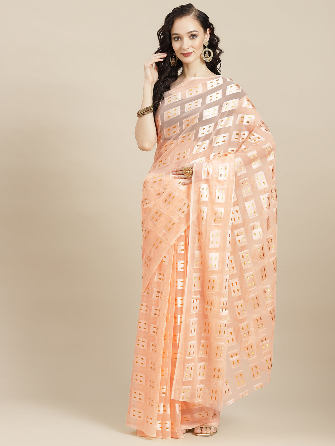 Ishin Women's Georgette Peach Embellished Saree With Blouse Piece