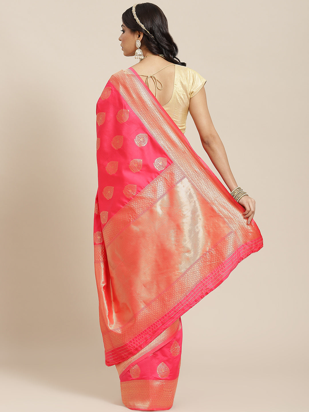 Ishin Women's Art Silk Pink Woven Design Banarasi Saree With Blouse Piece