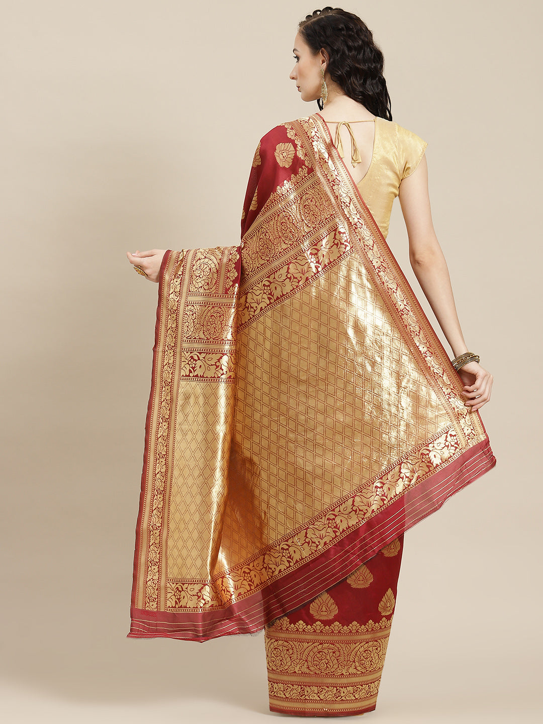 Ishin Women's Art Silk Maroon Woven Design Banarasi Saree With Blouse Piece