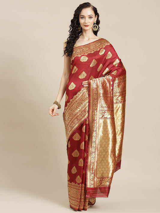 Ishin Women's Art Silk Maroon Woven Design Banarasi Saree With Blouse Piece