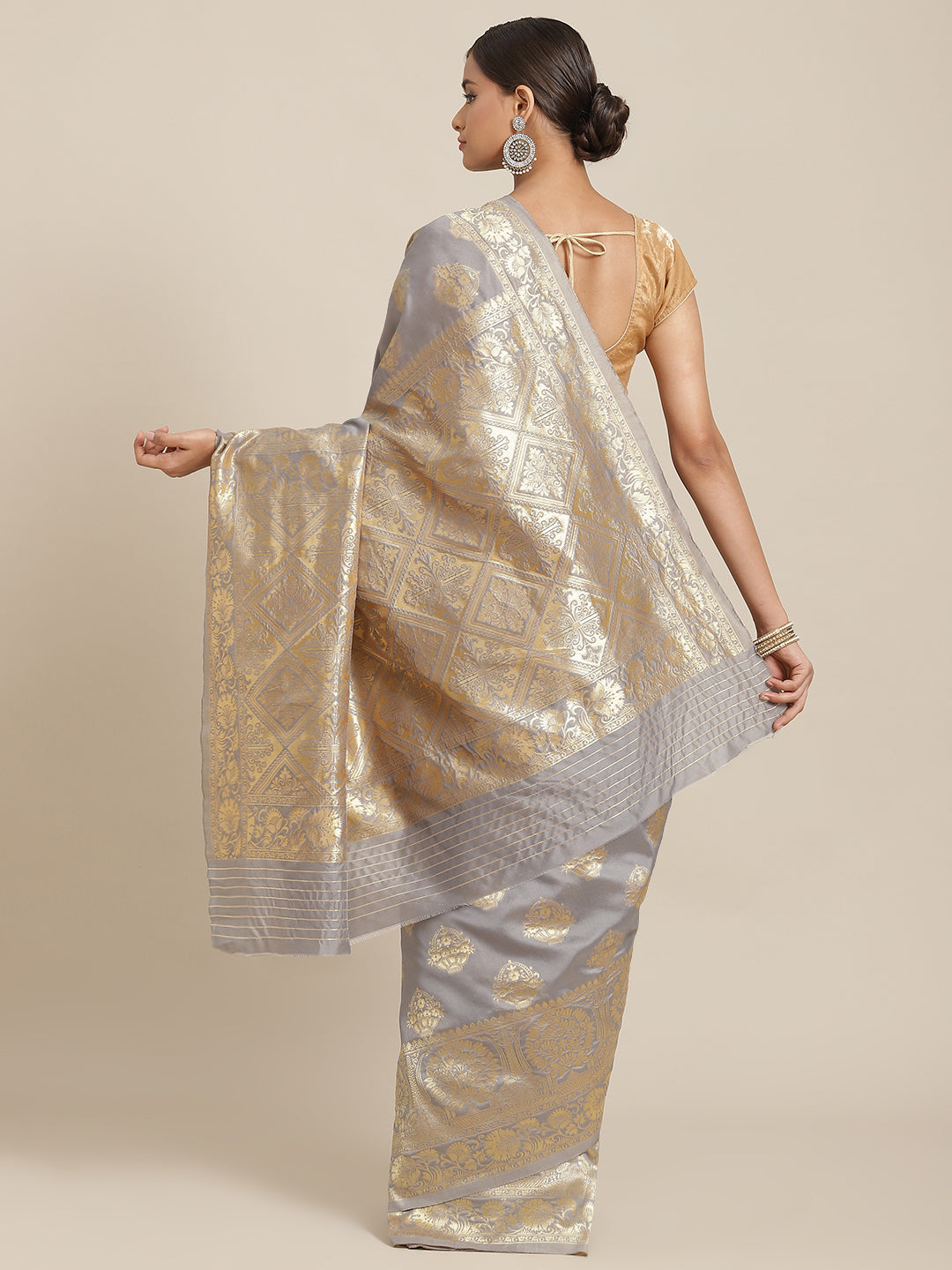 Ishin Women's Art Silk Grey Woven Design Banarasi Saree With Blouse Piece