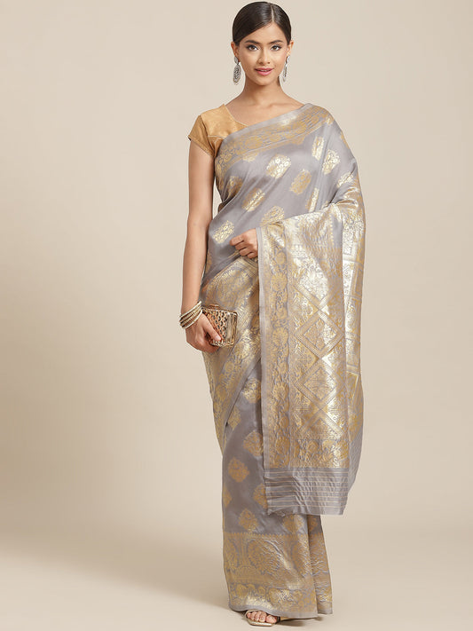 Ishin Women's Art Silk Grey Woven Design Banarasi Saree With Blouse Piece