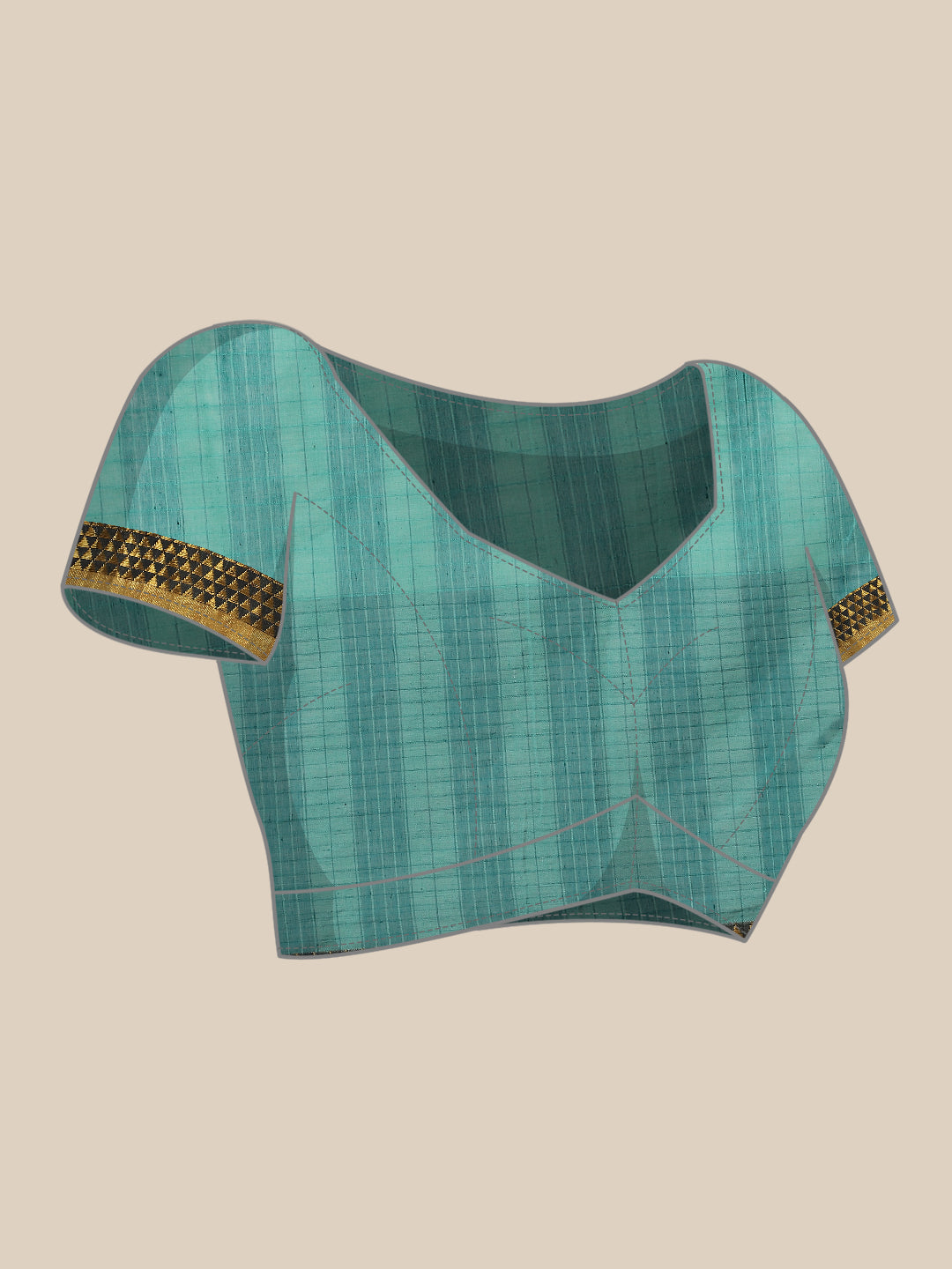 Ishin Women's Cotton Blend Sea Green Temple Checks Woven Saree With Blouse Piece