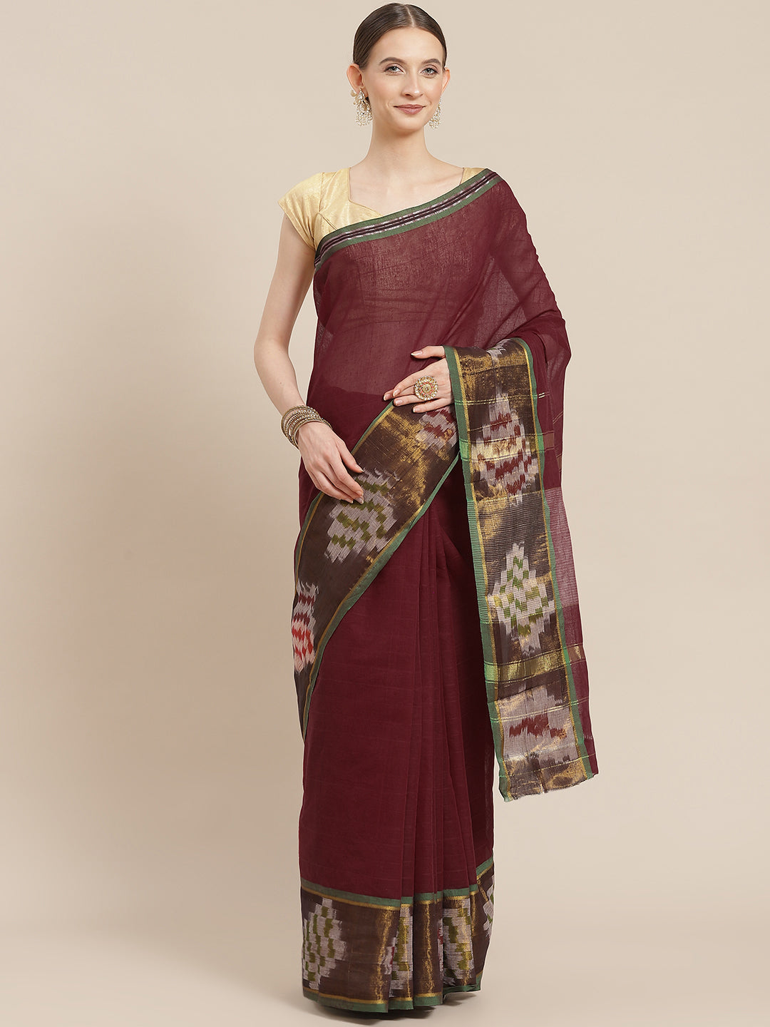 Ishin Women's Cotton Blend Maroon Solid Woven Pochampally Saree With Blouse Piece