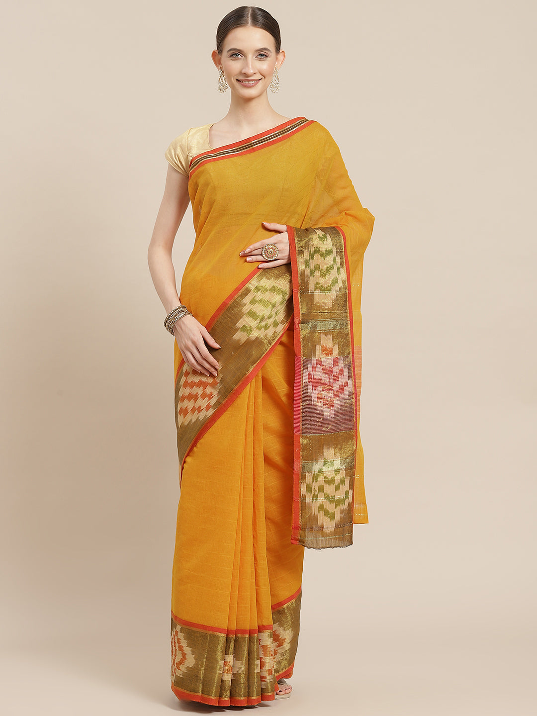 Ishin Women's Cotton Blend Mustard Solid Woven Pochampally Saree With Blouse Piece