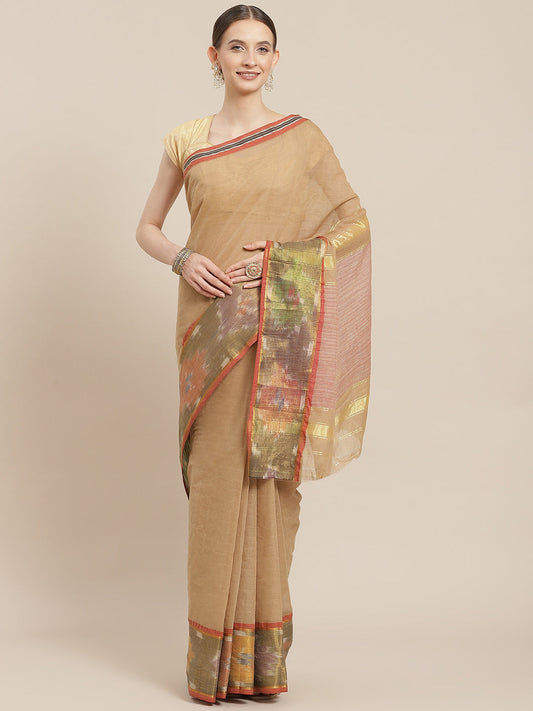 Ishin Women's Cotton Blend Beige Solid Woven Pochampally Saree With Blouse Piece