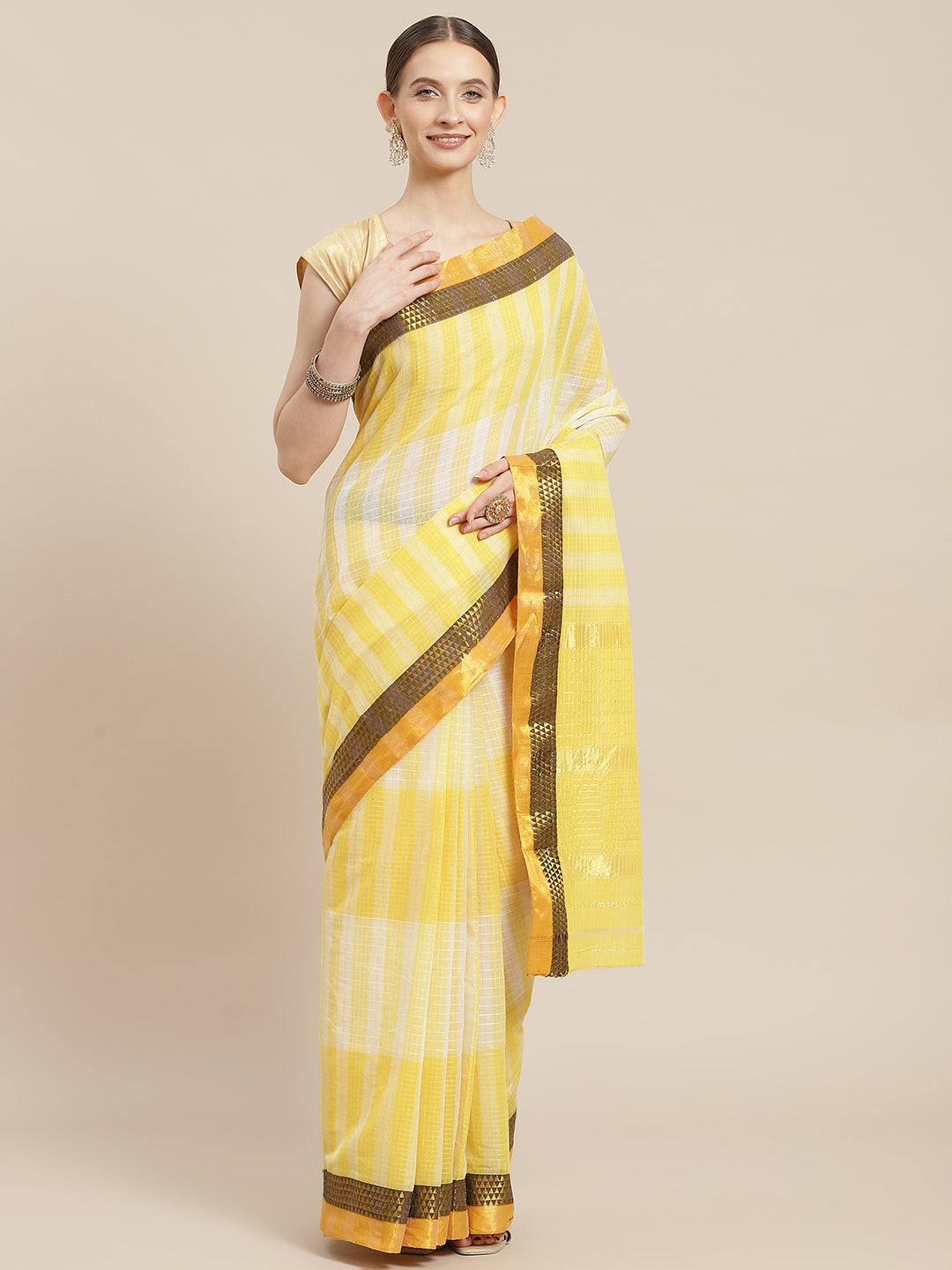 Ishin Women's Cotton Blend Yellow Temple Checks Woven Saree With Blouse Piece