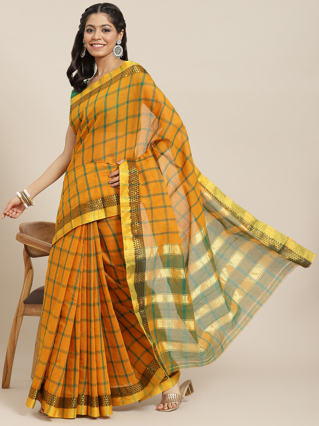 Ishin Women's Cotton Blend Mustard Checks Woven Saree With Blouse Piece