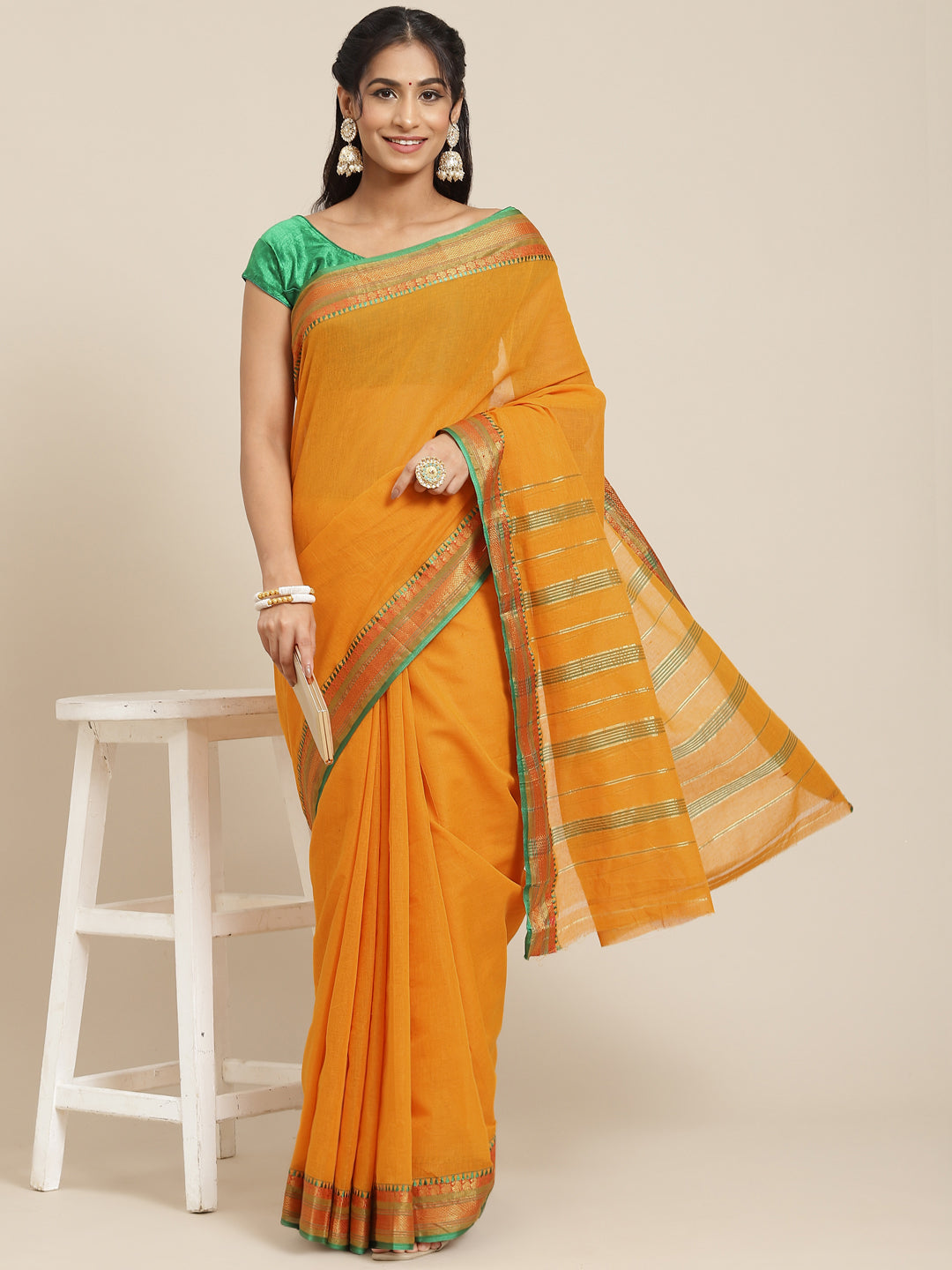 Ishin Women's Cotton Blend Mustard Solid Woven Design Saree With Blouse Piece
