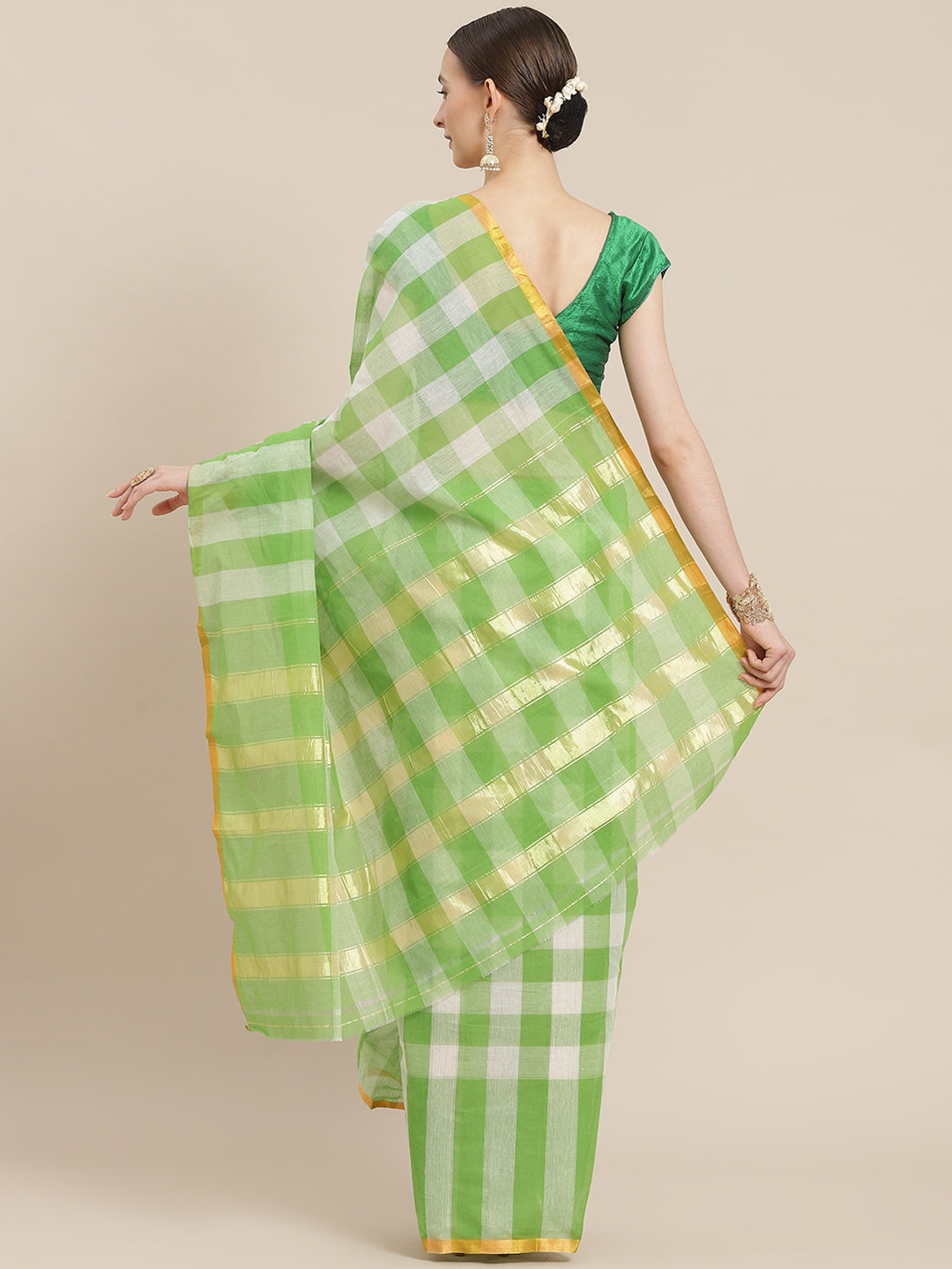 Ishin Women's Cotton Blend Green Checks Woven Vanamahalaxmi Saree With Blouse Piece