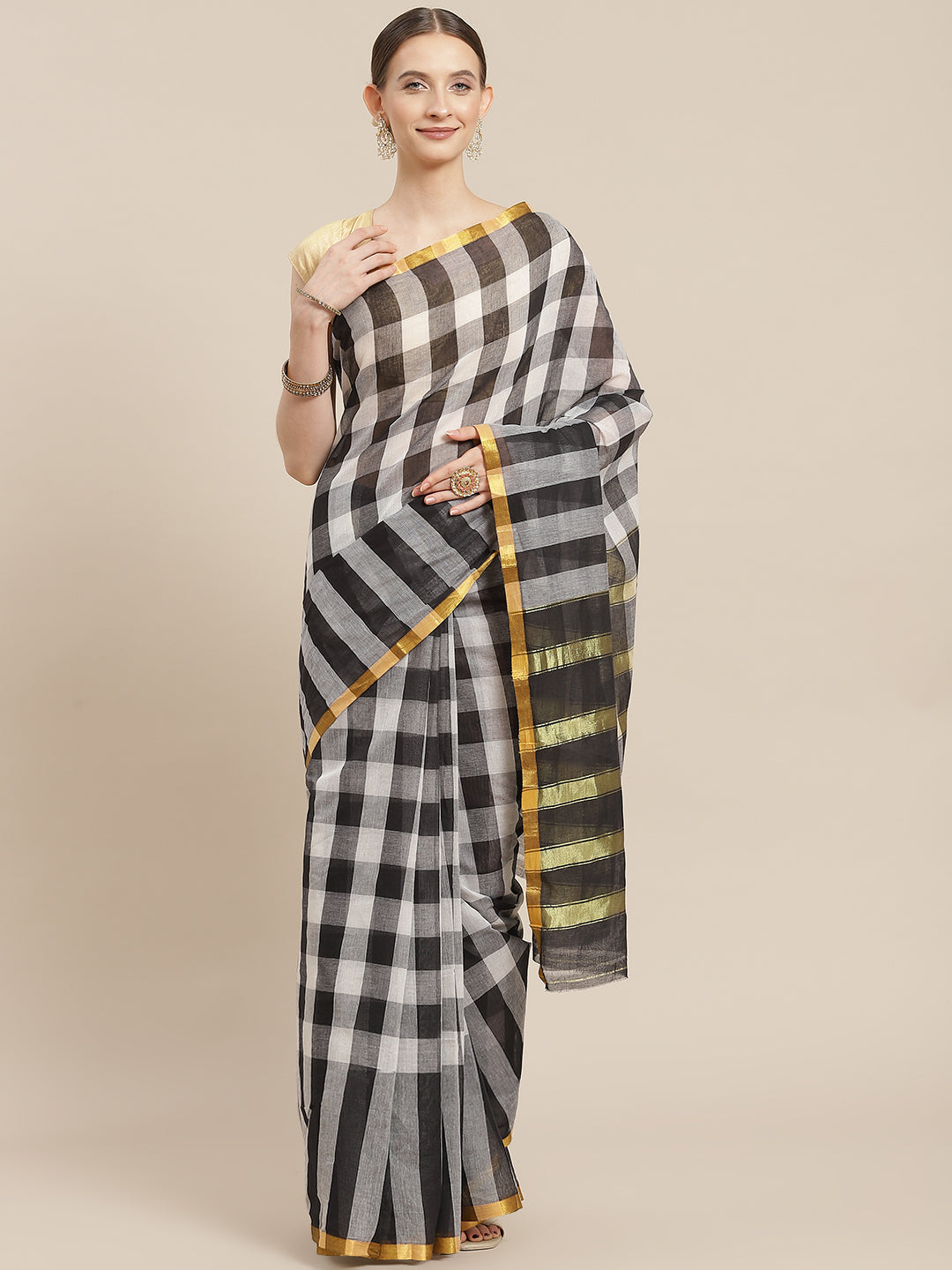 Ishin Women's Cotton Blend Black Checks Woven Vanamahalaxmi Saree With Blouse Piece
