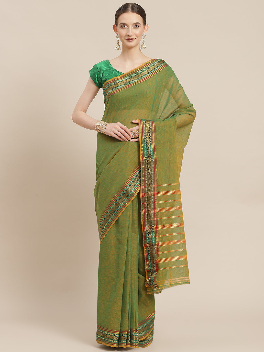 Ishin Women's Cotton Blend Green Solid Woven Design Saree With Blouse Piece