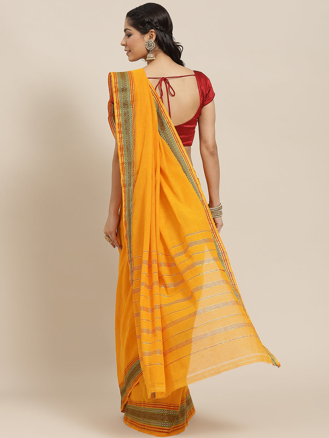 Ishin Women's Cotton Blend Mustard Solid Woven Saree With Blouse Piece
