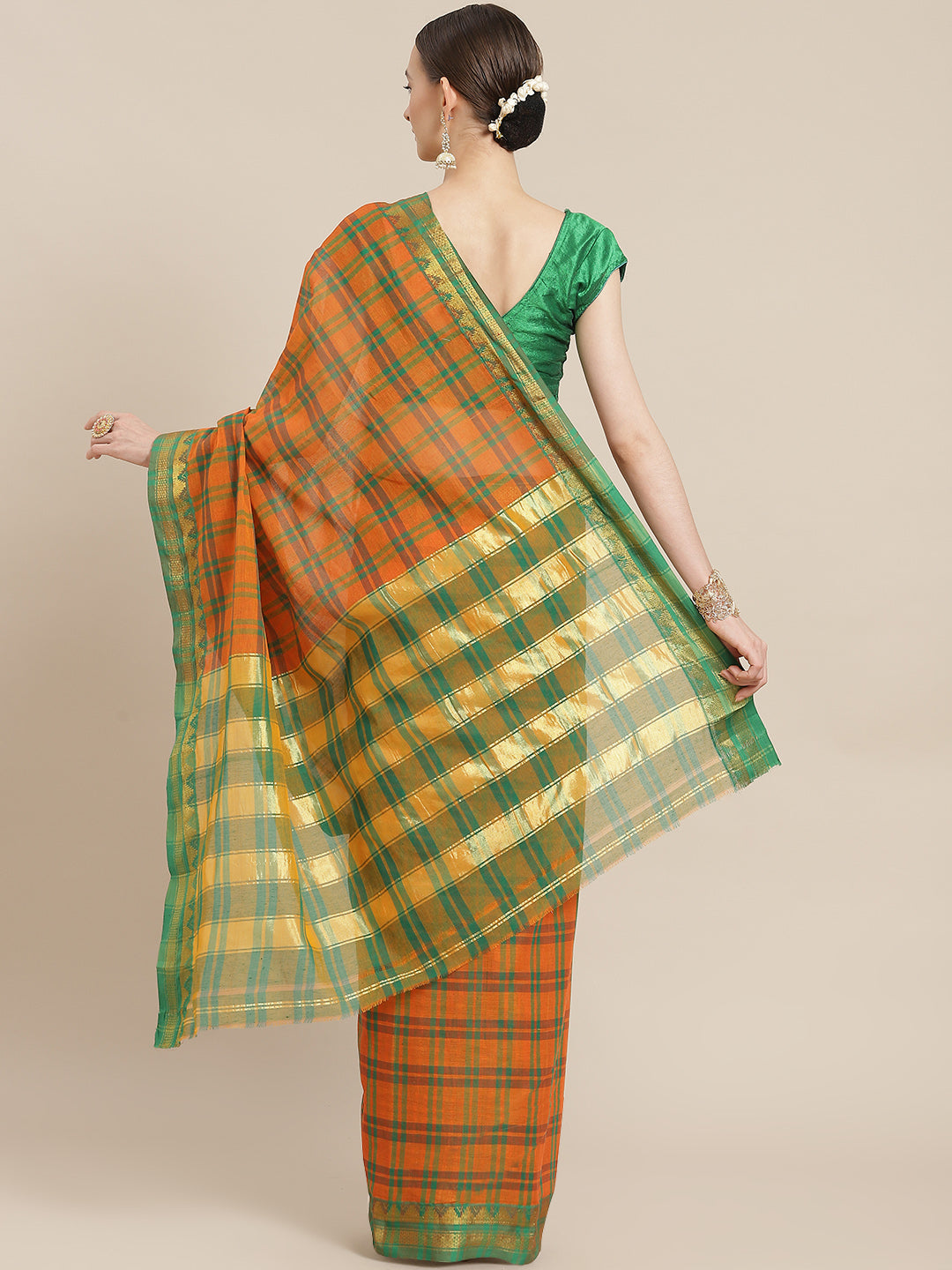 Ishin Women's Cotton Blend Orange Checks Woven Saree With Blouse Piece