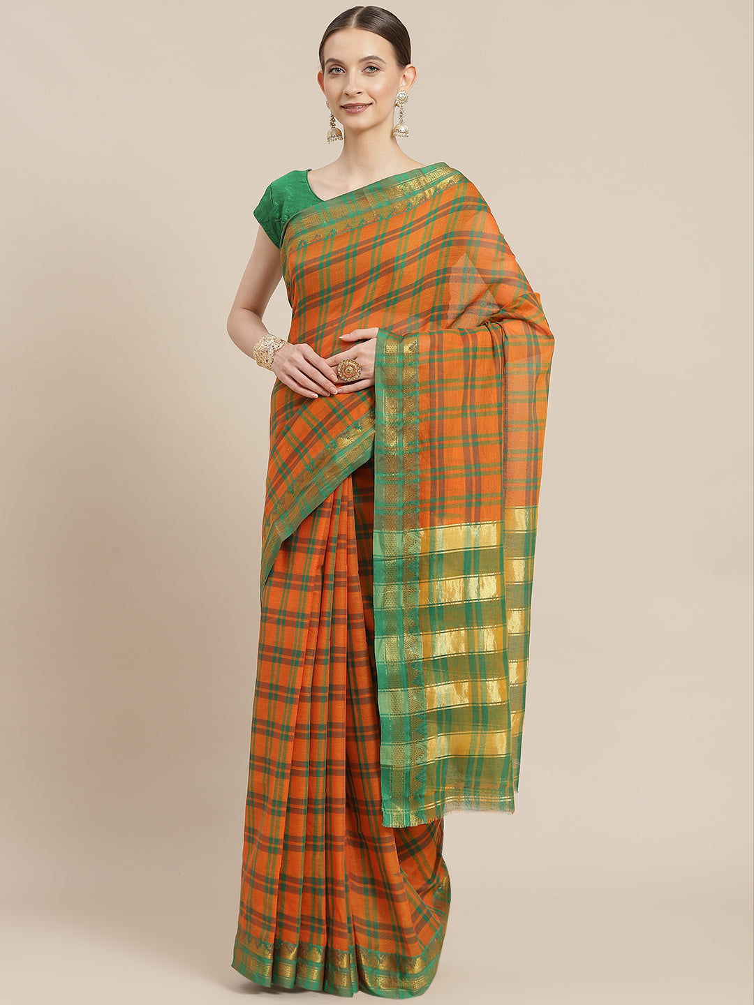 Ishin Women's Cotton Blend Orange Checks Woven Saree With Blouse Piece