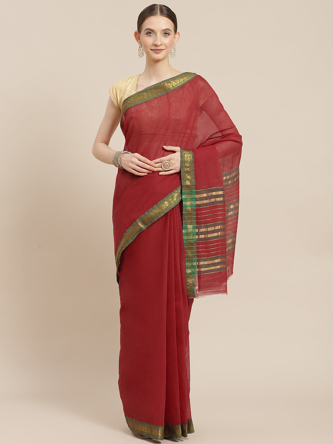 Ishin Women's Cotton Blend Maroon Solid Woven Saree With Blouse Piece