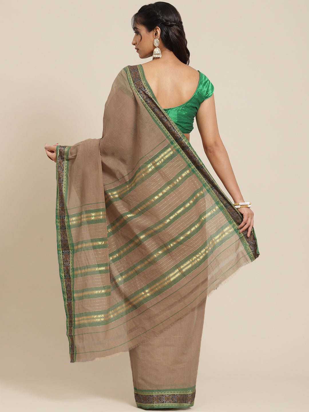 Ishin Women's Cotton Blend Beige Solid Woven Design Saree With Blouse Piece