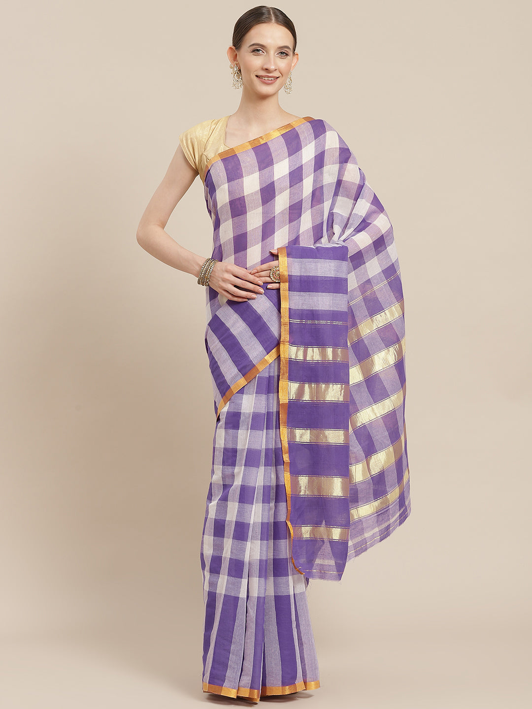 Ishin Women's Cotton Blend Purple Checks Woven Vanamahalaxmi Saree With Blouse Piece