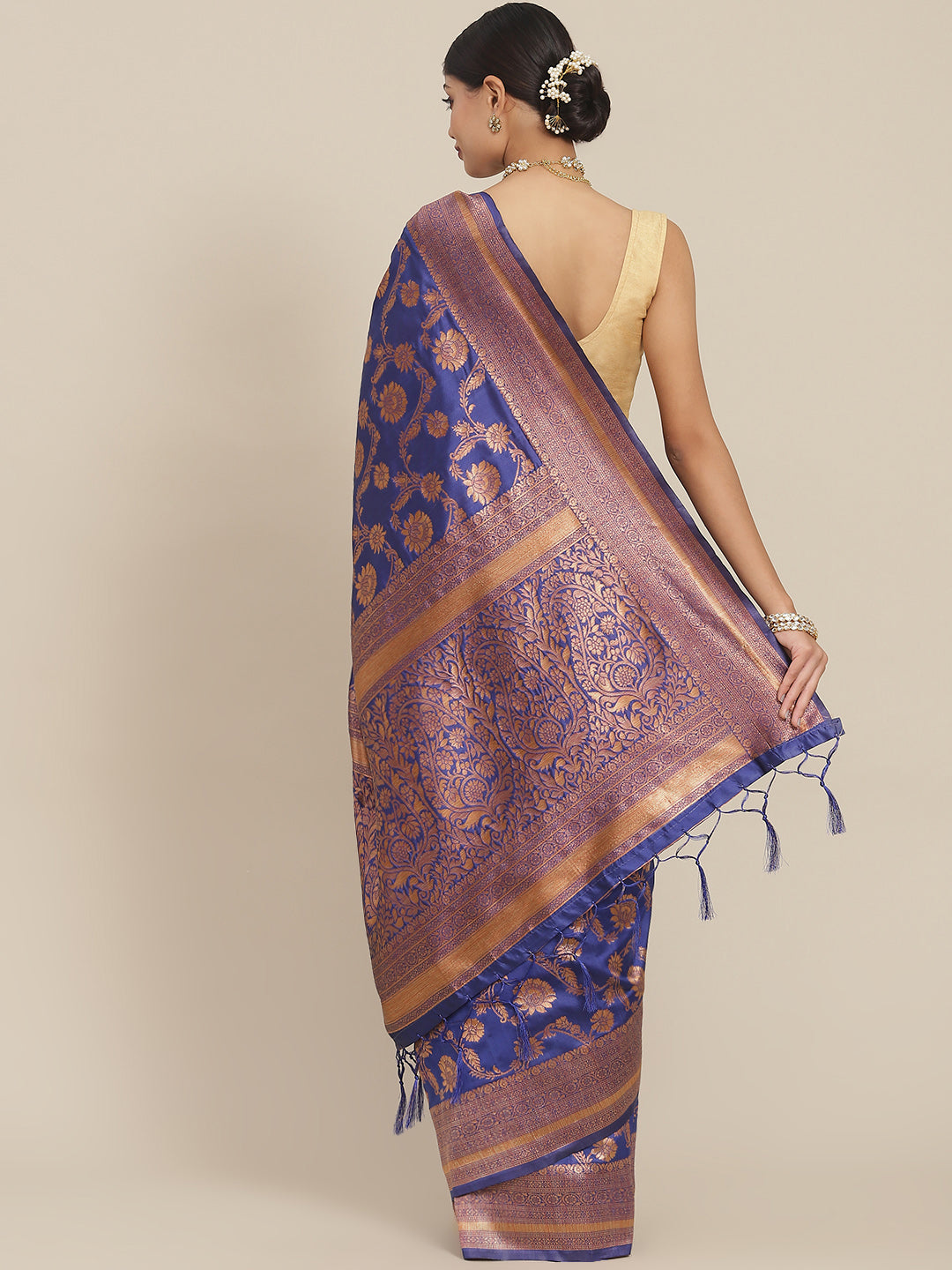 Ishin Women's Brocade Blue Zari Woven Design Saree With Blouse Piece
