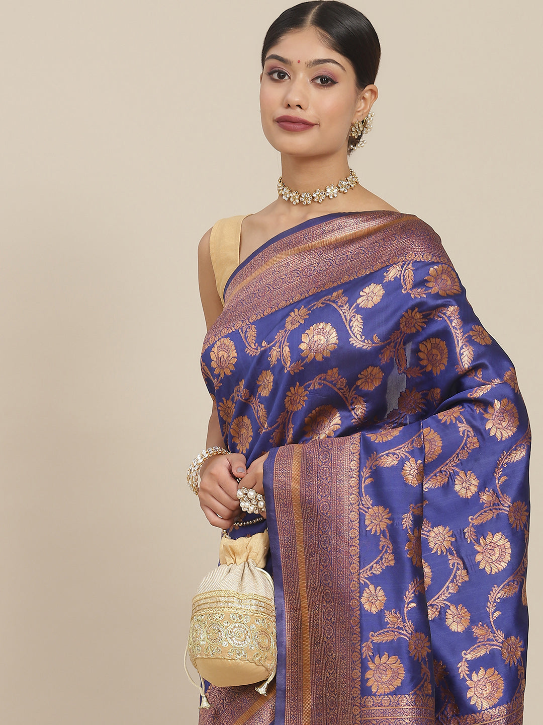 Ishin Women's Brocade Blue Zari Woven Design Saree With Blouse Piece