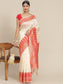 Ishin Women's Silk Blend Cream & Red Woven Design Saree With Blouse Piece