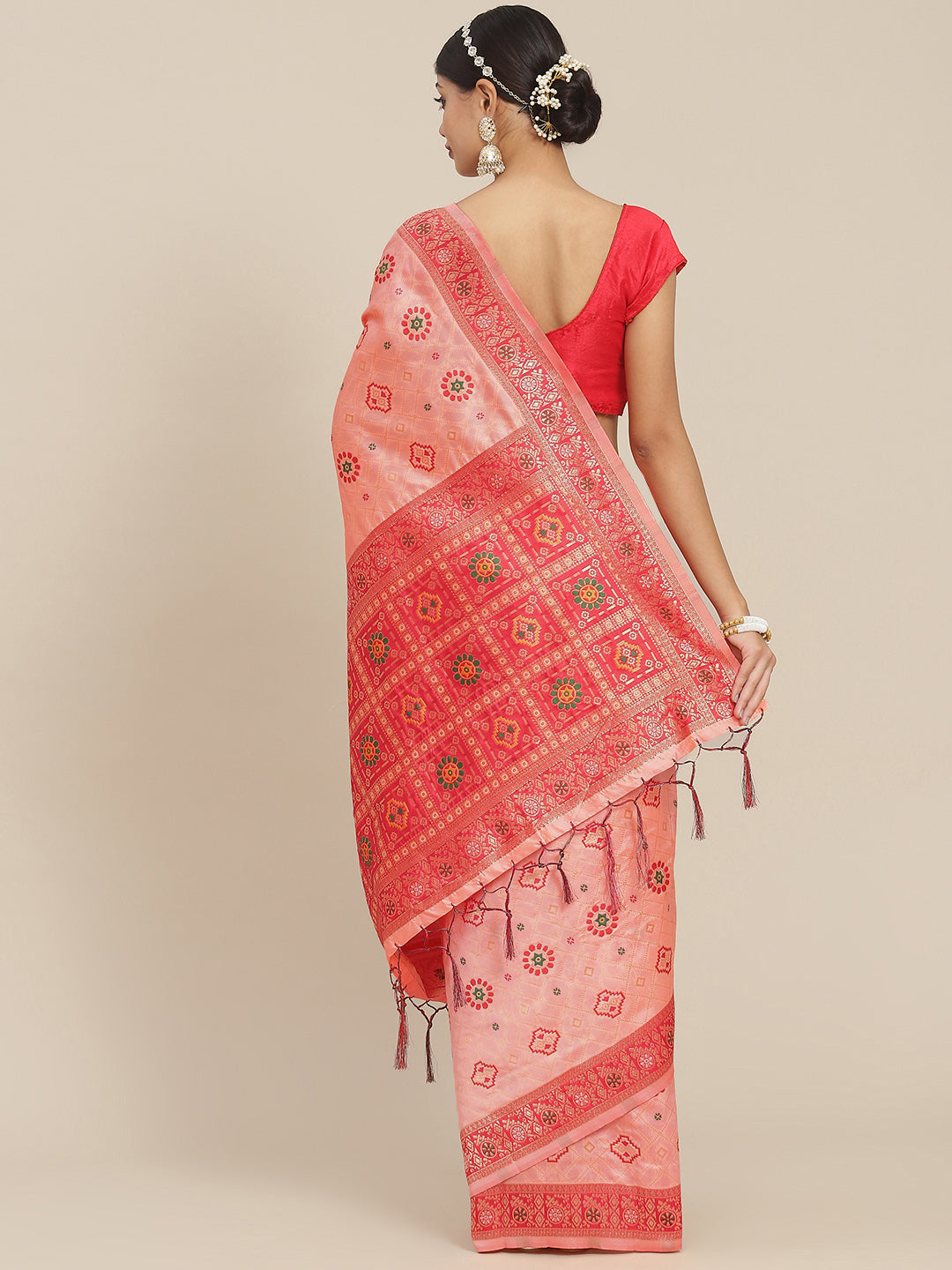 Ishin Women's Silk Blend Peach Woven Design Banarasi Saree With Blouse Piece