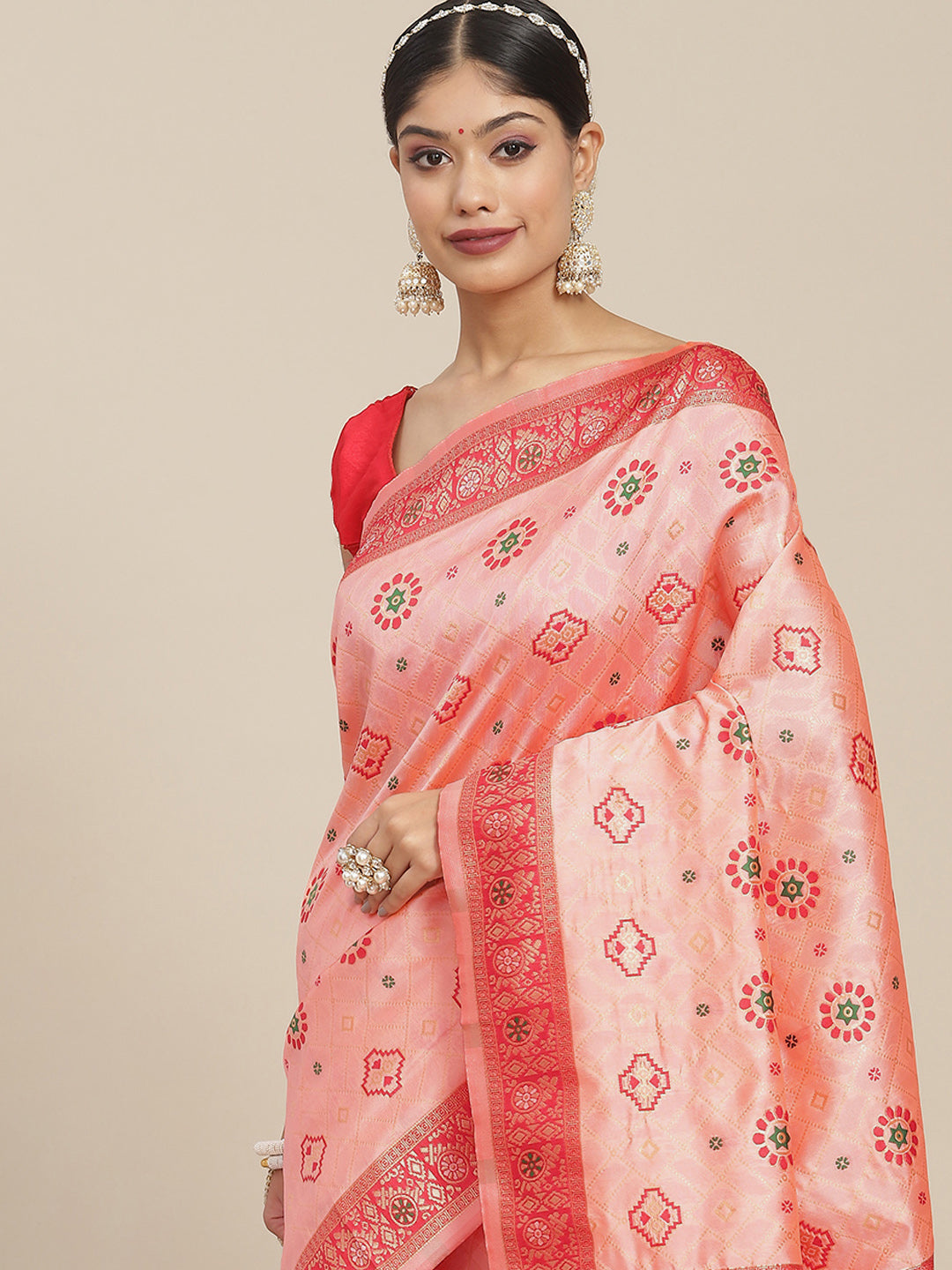Ishin Women's Silk Blend Peach Woven Design Banarasi Saree With Blouse Piece