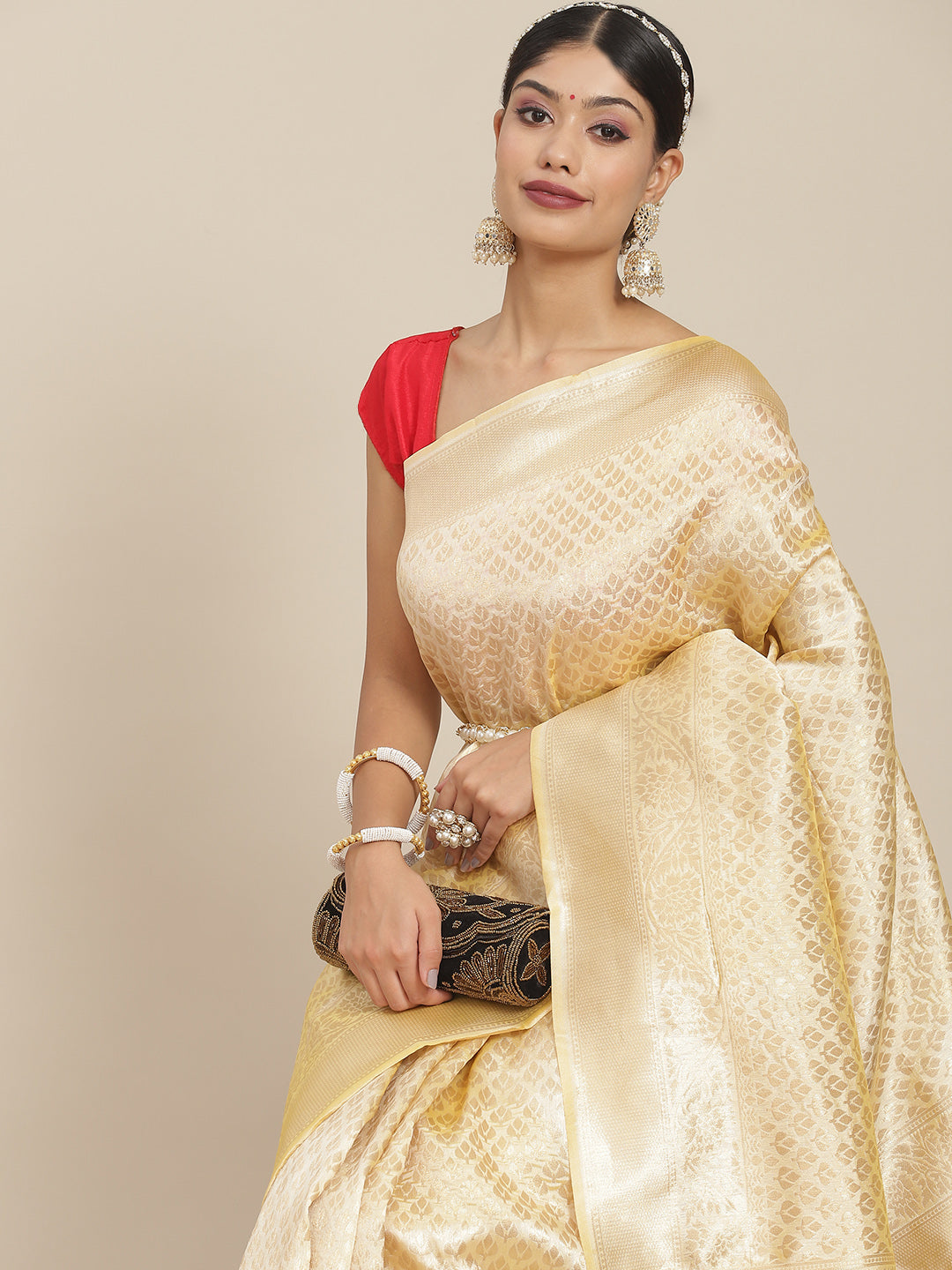 Ishin Women's Silk Cotton Off White Woven Design Saree With Blouse Piece