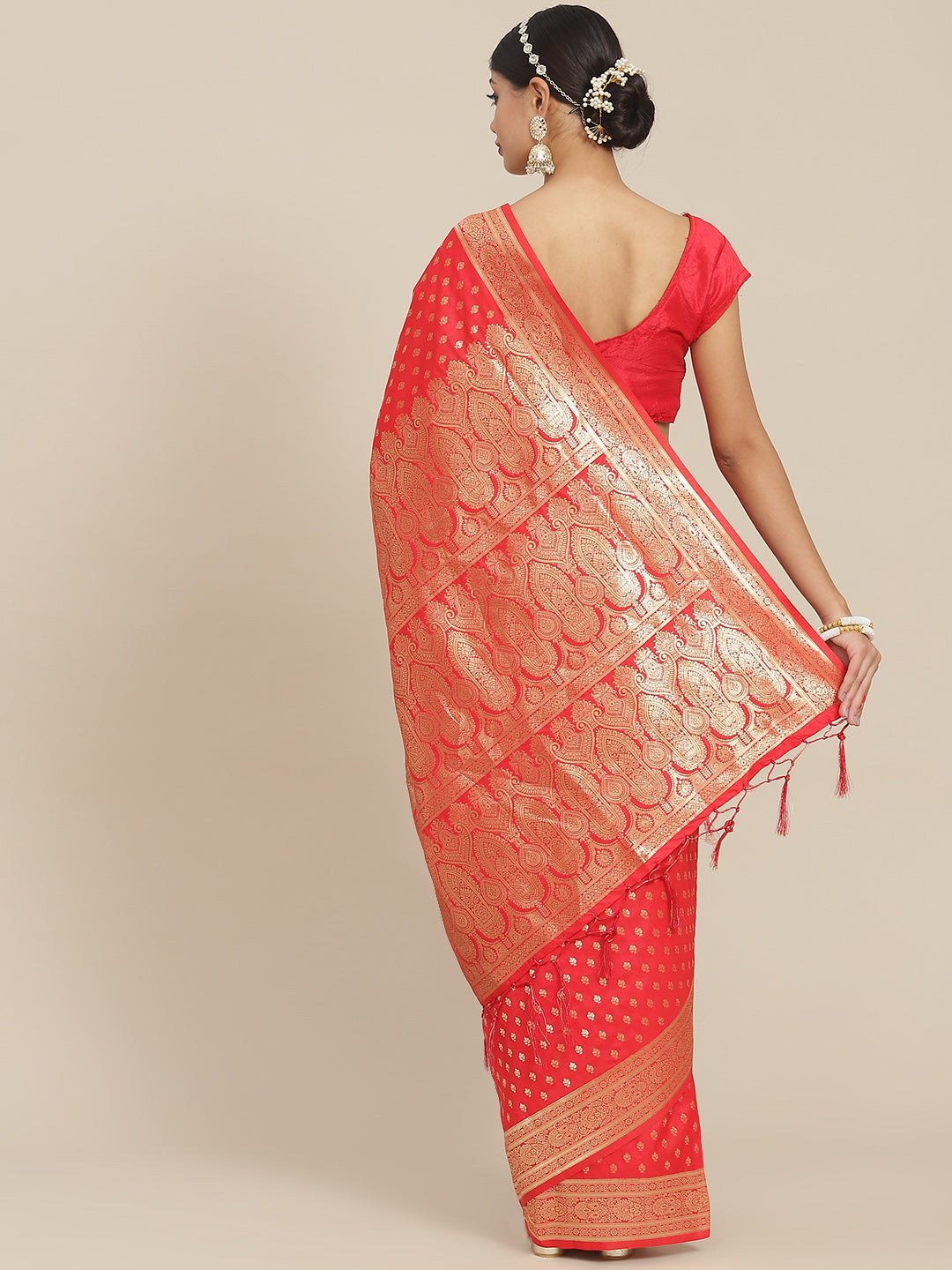 Ishin Women's Silk Blend Red Woven Design Banarasi Saree With Blouse Piece