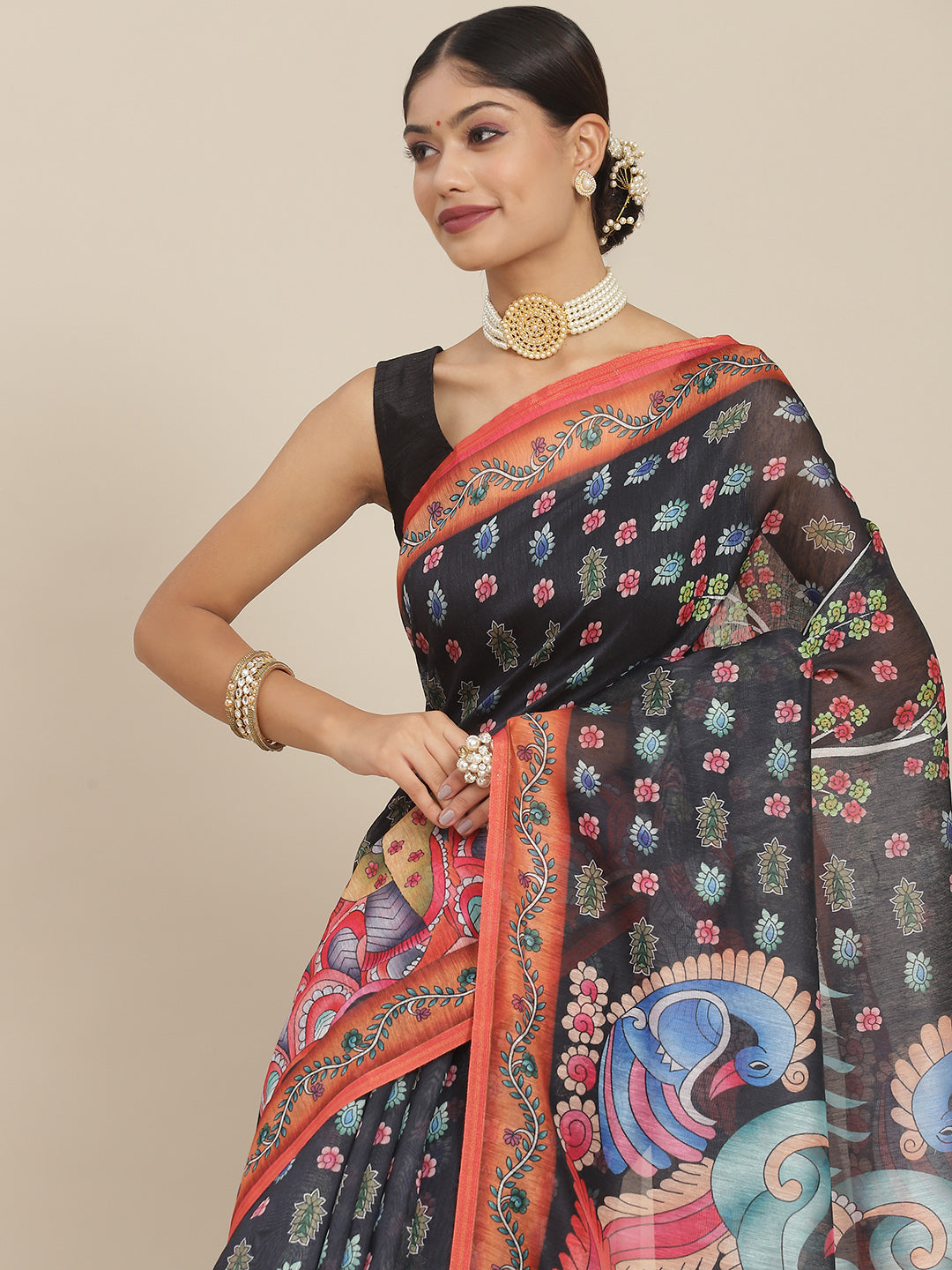 Ishin Women's Cotton Blend Black Printed Saree With Blouse Piece