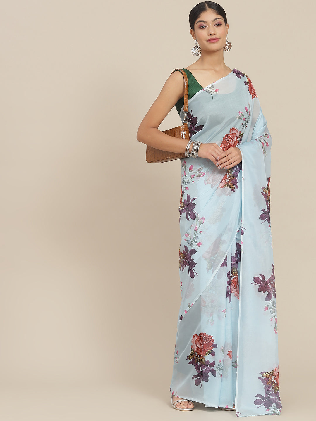 Ishin Women's Silk Blend Blue Printed Saree With Blouse Piece