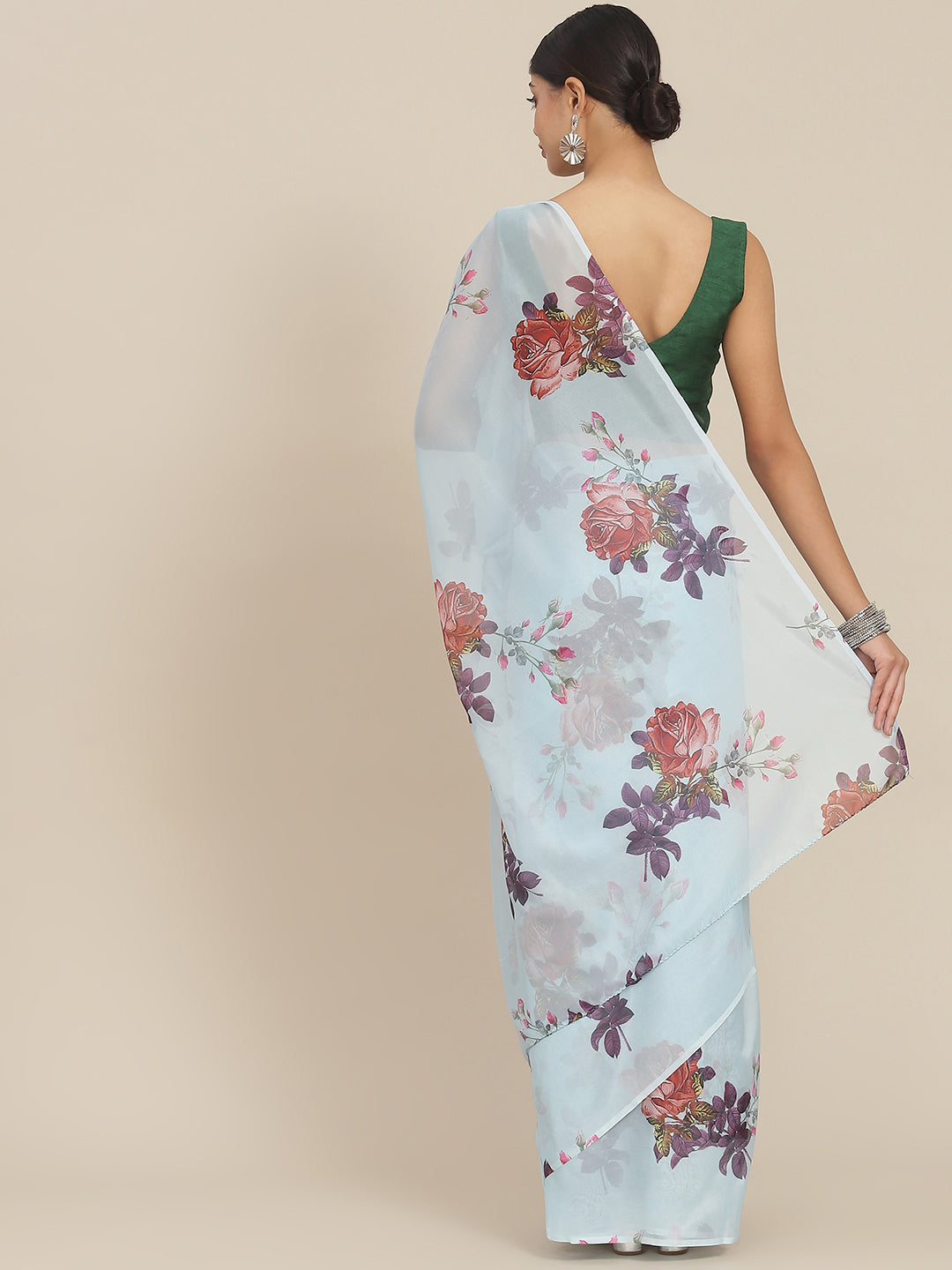 Ishin Women's Silk Blend Blue Printed Saree With Blouse Piece