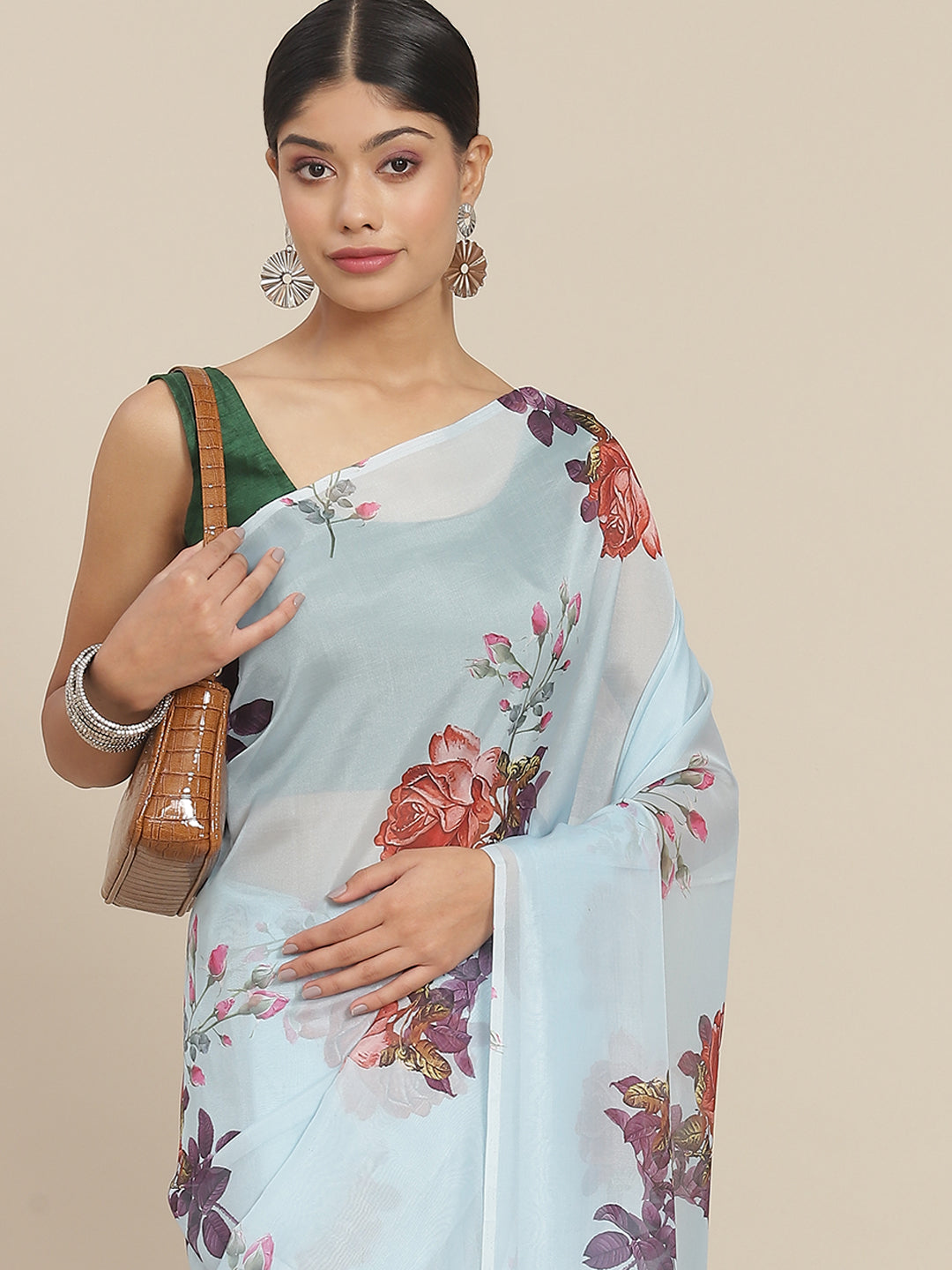 Ishin Women's Silk Blend Blue Printed Saree With Blouse Piece