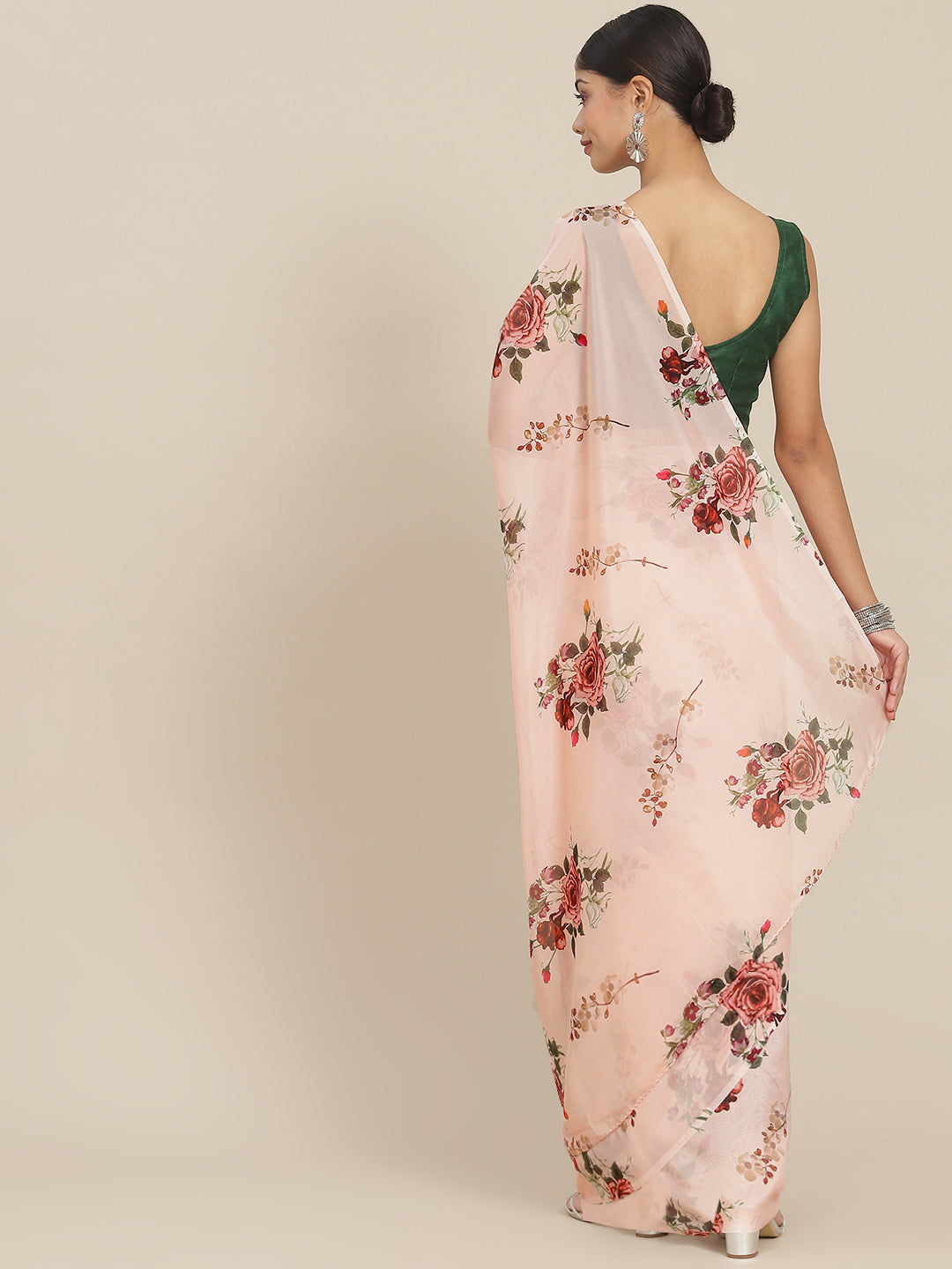 Ishin Women's Silk Blend Peach Printed Saree With Blouse Piece
