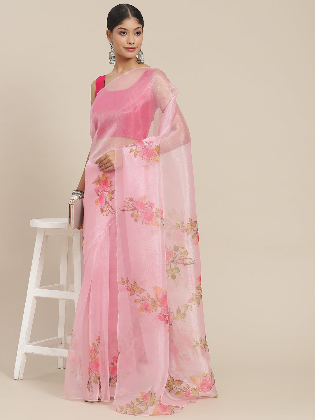 Ishin Women's Organza Pink Printed Saree With Blouse Piece