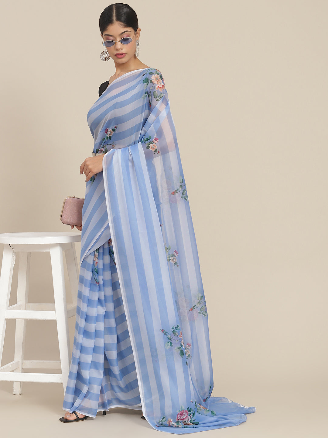 Ishin Women's Silk Blend Blue Printed Saree With Blouse Piece