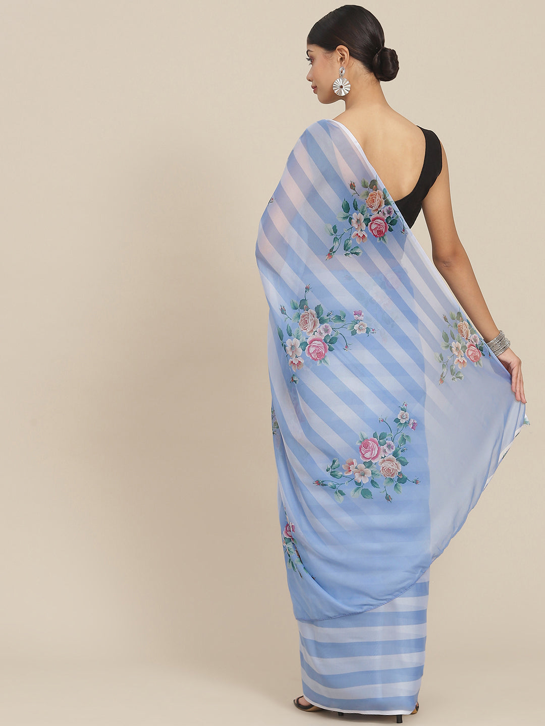 Ishin Women's Silk Blend Blue Printed Saree With Blouse Piece