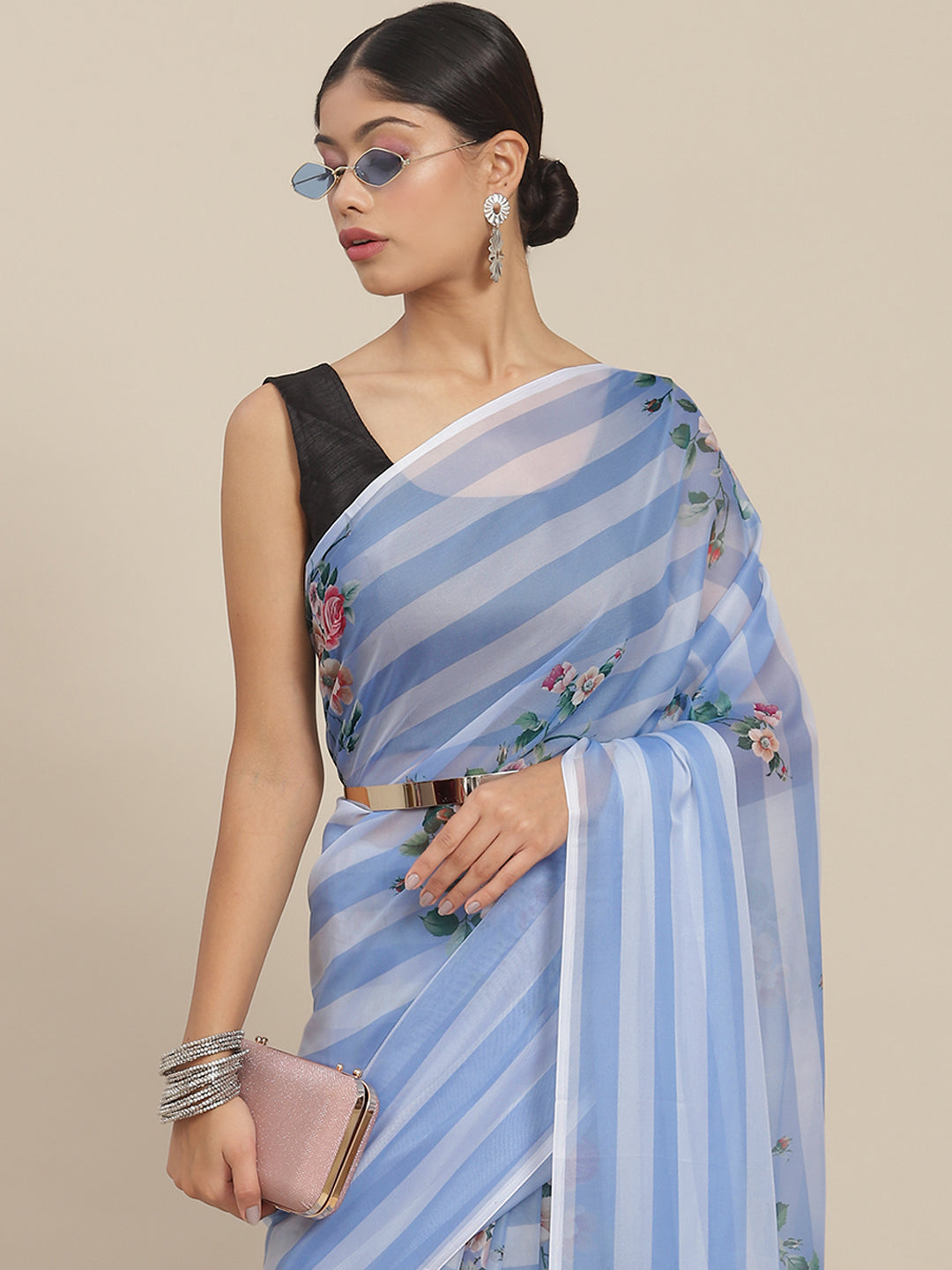 Ishin Women's Silk Blend Blue Printed Saree With Blouse Piece