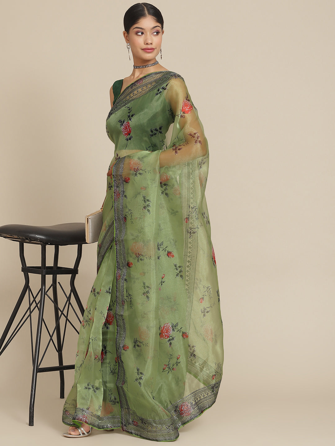 Ishin Women's Organza Green Printed Saree With Blouse Piece