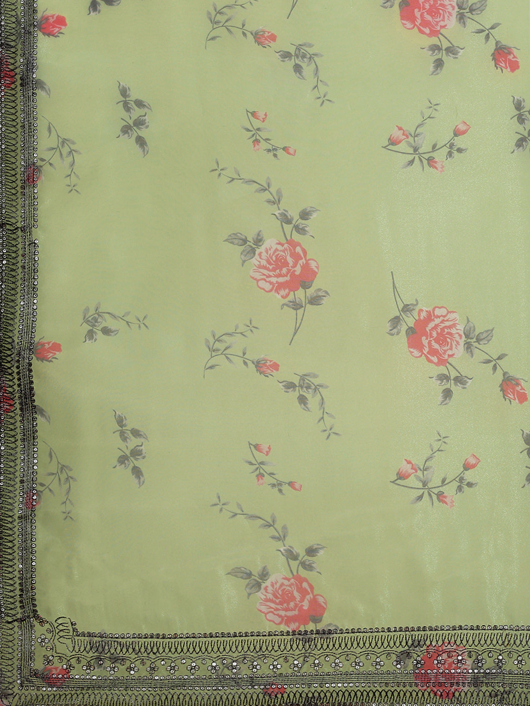 Ishin Women's Organza Green Printed Saree With Blouse Piece