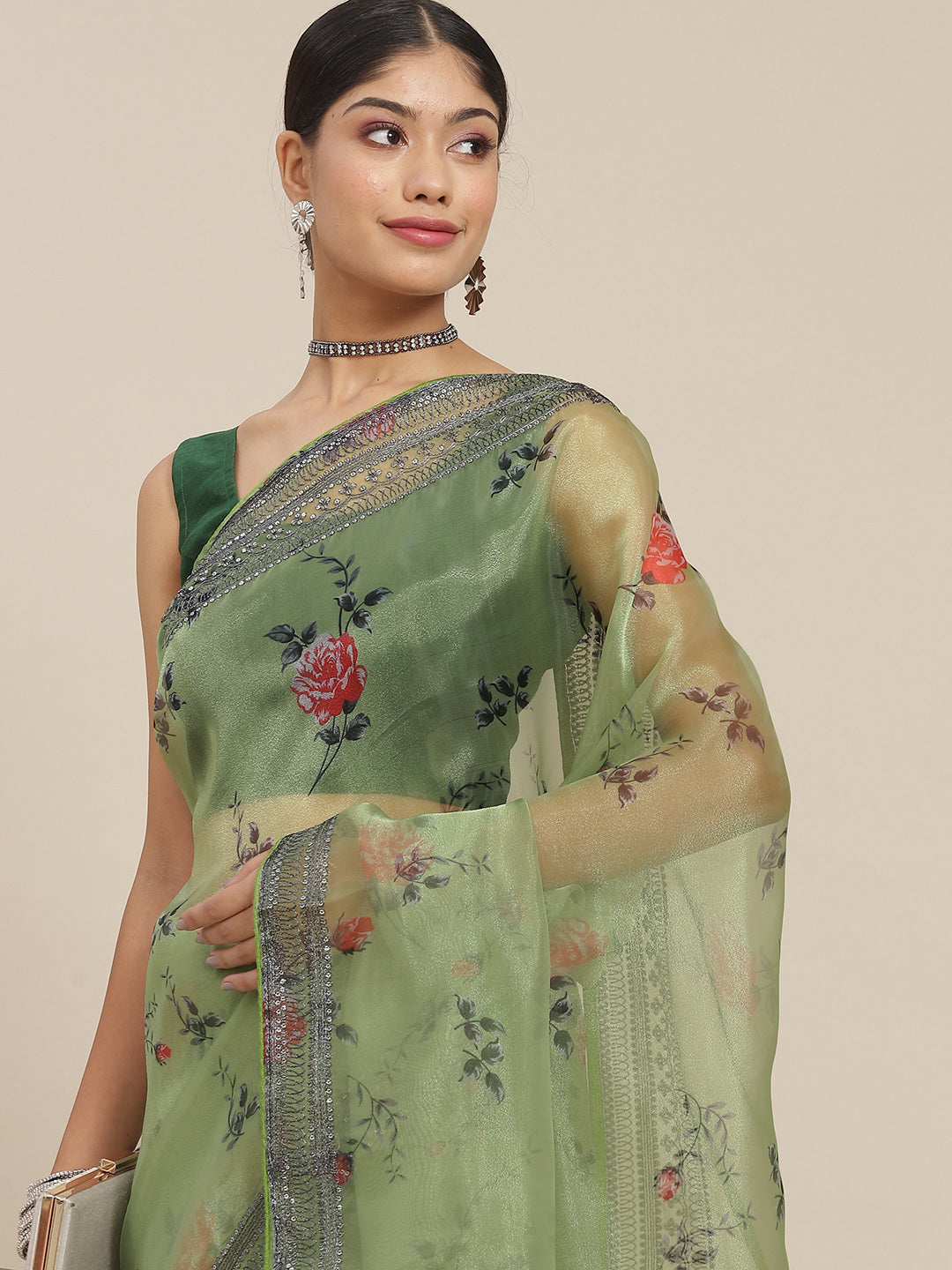 Ishin Women's Organza Green Printed Saree With Blouse Piece